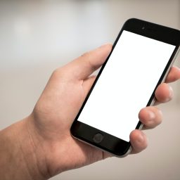 Man holding iPhone with a white screen.