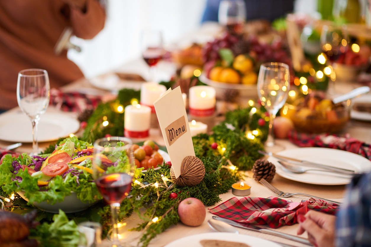 Festive dinner table decorated for a holiday party